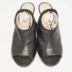 Fendi Black Leather F Logo Mules Size 39.5