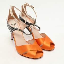 Fendi Multicolor Satin And Python Embossed Leather Criss Cross Ankle Strap Sandals Size 36