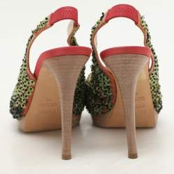 Pre Owned Fendi Pink/Green Mesh Embellished Peep Toe Slingback Pumps Size 36