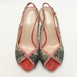 Pre Owned Fendi Pink/Green Mesh Embellished Peep Toe Slingback Pumps Size 36