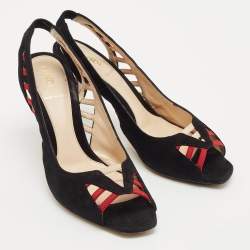 Fendi Black/Red Suede and Grosgrain Slingback Sandals Size 36