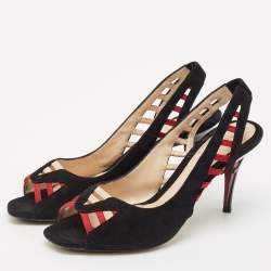 Fendi Black/Red Suede and Grosgrain Slingback Sandals Size 36