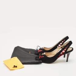 Fendi Black/Red Suede and Grosgrain Slingback Sandals Size 36