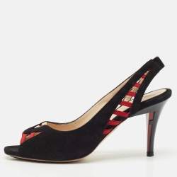 Fendi Black/Red Suede and Grosgrain Slingback Sandals Size 36