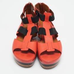 Fendi Orange/Black Leather and Elastic Strappy Platform Sandals Size 38.5