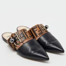 Fendi Black/Brown Zucca Leather Pointed Toe Flat Mules Size 36