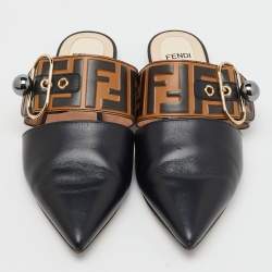 Fendi Black/Brown Zucca Leather Pointed Toe Flat Mules Size 36