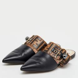 Fendi Black/Brown Zucca Leather Pointed Toe Flat Mules Size 36