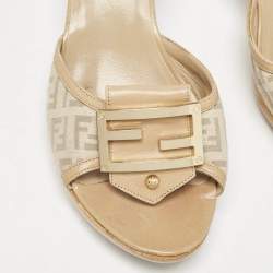 Fendi Beige Zucchino Canvas and Leather FF Buckle Slide Sandals Size 38.5