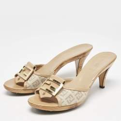 Fendi Beige Zucchino Canvas and Leather FF Buckle Slide Sandals Size 38.5