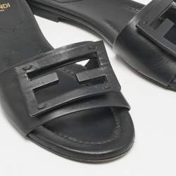 Fendi Black Leather Logo Flat Slides Size 37