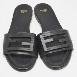 Fendi Black Leather Logo Flat Slides Size 37