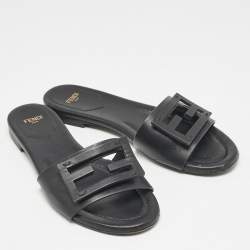 Fendi Black Leather Logo Flat Slides Size 37
