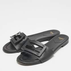 Fendi Black Leather Logo Flat Slides Size 37