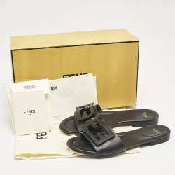 Fendi Black Leather Logo Flat Slides Size 37