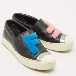 Fendi Black Leather and Shearling F Slip On Sneakers Size 39
