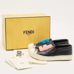 Fendi Black Leather and Shearling F Slip On Sneakers Size 39