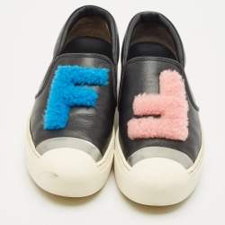 Fendi Black Leather and Shearling F Slip On Sneakers Size 39