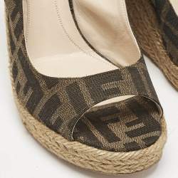 Fendi Brown Canvas FF Slingback Wedge Sandals Size 36