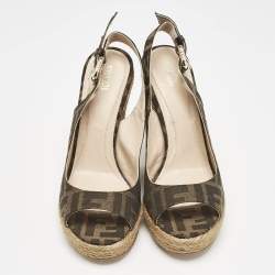 Fendi Brown Canvas FF Slingback Wedge Sandals Size 36