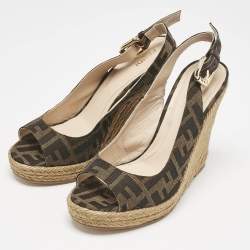 Fendi Brown Canvas FF Slingback Wedge Sandals Size 36