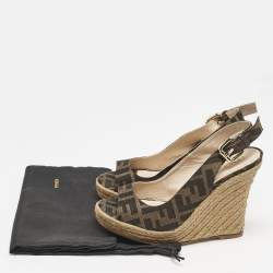 Fendi Brown Canvas FF Slingback Wedge Sandals Size 36