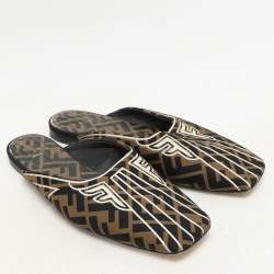 Fendi Brown FF Fabric Freedom Flat Mules Size 38