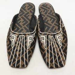 Fendi Brown FF Fabric Freedom Flat Mules Size 38