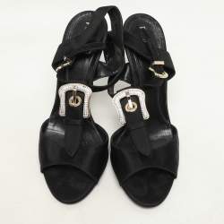 Fendi Black Satin Crystal Embellished Buckle T-Strap Sandals Size 37.5