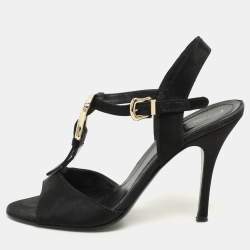 Fendi Black Satin Crystal Embellished Buckle T-Strap Sandals Size 37.5