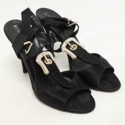 Fendi Black Satin Crystal Embellished Buckle T-Strap Sandals Size 37.5