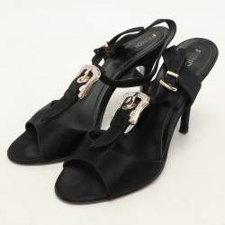 Fendi Black Satin Crystal Embellished Buckle T-Strap Sandals Size 37.5