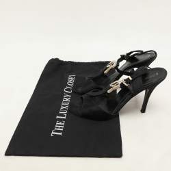 Fendi Black Satin Crystal Embellished Buckle T-Strap Sandals Size 37.5