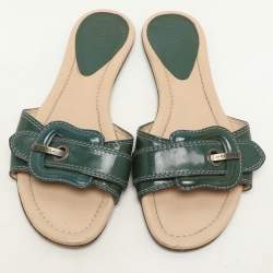 Fendi Green Patent Leather Buckle Flat Slides Size 37