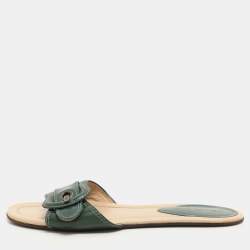 Fendi Green Patent Leather Buckle Flat Slides Size 37