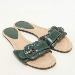Fendi Green Patent Leather Buckle Flat Slides Size 37