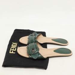 Fendi Green Patent Leather Buckle Flat Slides Size 37