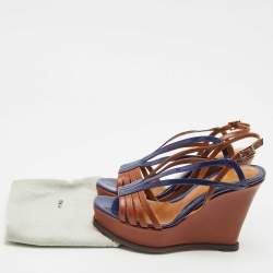Pre Owned Fendi Brown/Blue Leather Fendista Strappy Platform Wedge Sandals Size 38.5