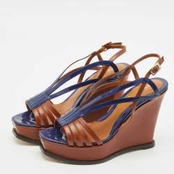 Pre Owned Fendi Brown/Blue Leather Fendista Strappy Platform Wedge Sandals Size 38.5