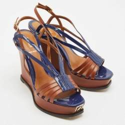 Pre Owned Fendi Brown/Blue Leather Fendista Strappy Platform Wedge Sandals Size 38.5