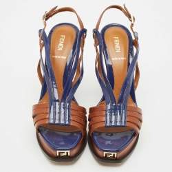 Pre Owned Fendi Brown/Blue Leather Fendista Strappy Platform Wedge Sandals Size 38.5