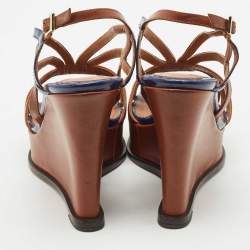 Pre Owned Fendi Brown/Blue Leather Fendista Strappy Platform Wedge Sandals Size 38.5