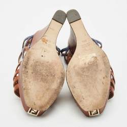 Pre Owned Fendi Brown/Blue Leather Fendista Strappy Platform Wedge Sandals Size 38.5