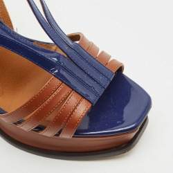 Pre Owned Fendi Brown/Blue Leather Fendista Strappy Platform Wedge Sandals Size 38.5