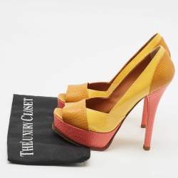 Fendi Yellow/Pink Patent and Lizard Embossed Leather Fendista Peep Toe Platform Pumps Size 37.5
