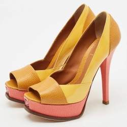 Fendi Yellow/Pink Patent and Lizard Embossed Leather Fendista Peep Toe Platform Pumps Size 37.5