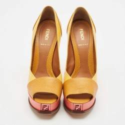Fendi Yellow/Pink Patent and Lizard Embossed Leather Fendista Peep Toe Platform Pumps Size 37.5