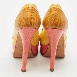 Fendi Yellow/Pink Patent and Lizard Embossed Leather Fendista Peep Toe Platform Pumps Size 37.5