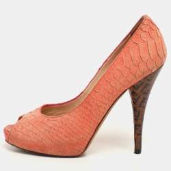 Fendi Orange Python Embossed Leather Peep Toe Platform Pumps Size 36