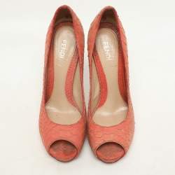 Fendi Orange Python Embossed Leather Peep Toe Platform Pumps Size 36